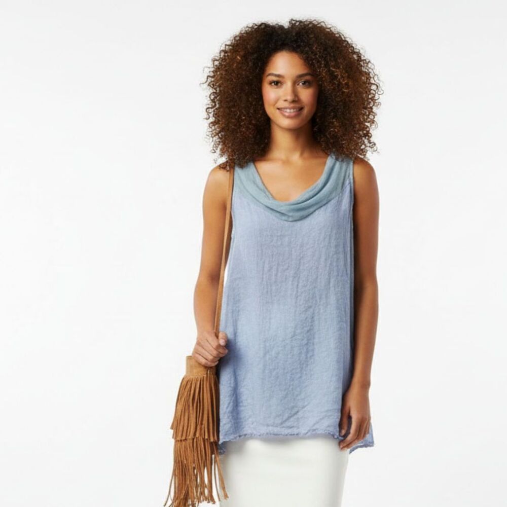 Femme Fatale 100% Linen Italian Sleeveless Tunic Draped Neck Top Blouse L